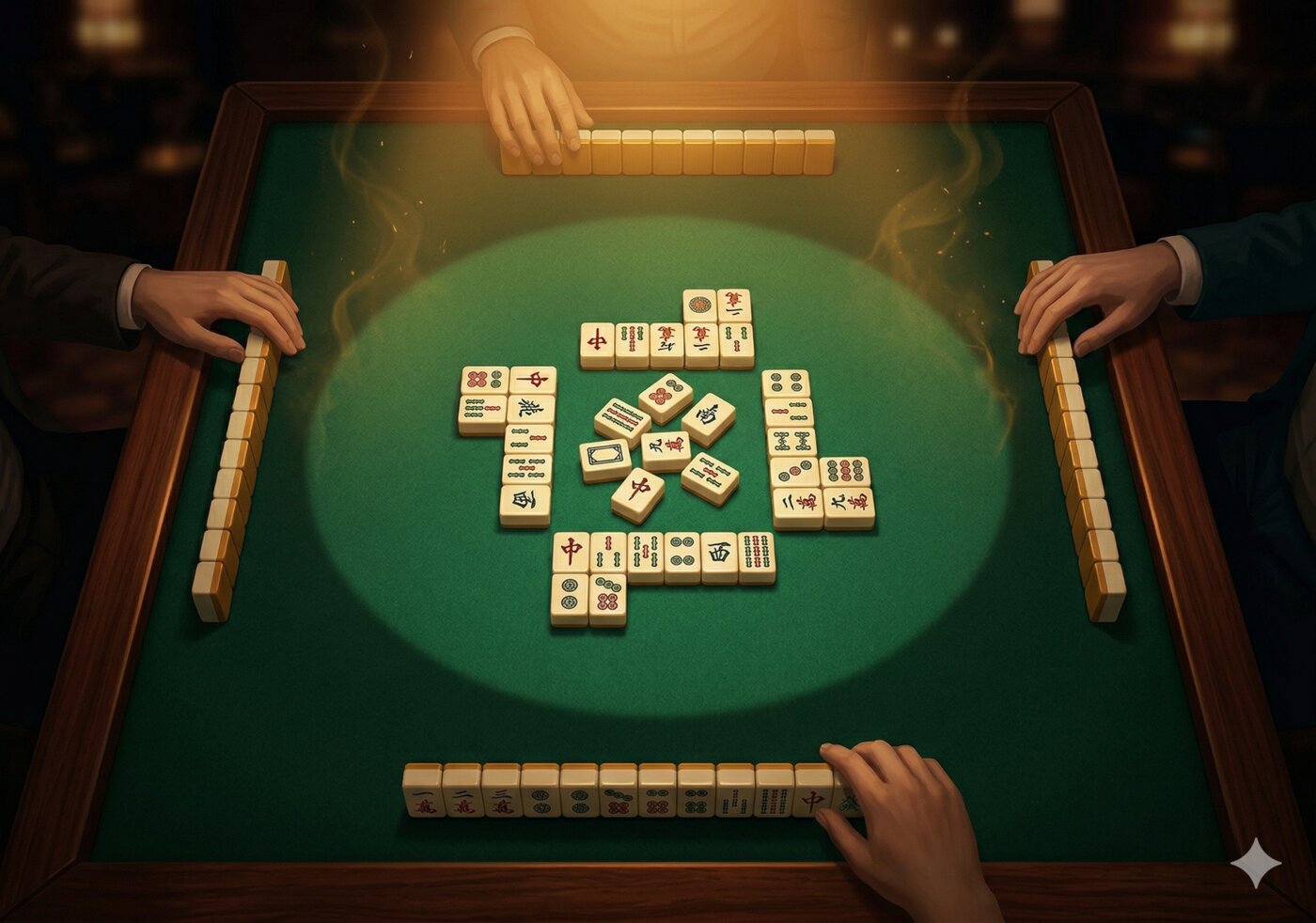 Four players at a Mahjong table