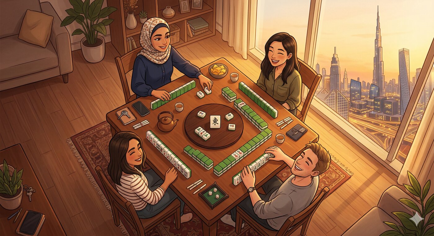 Friends playing Mahjong Dubai in a Dubai apartment with Burj Khalifa view